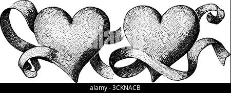 Set vintage con cuore inciso e nastri decorativi per un design romantico. Illustrazione Vettoriale