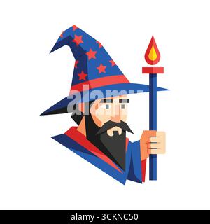 Misterioso mago con profilo laterale fiaccola fiammeggiante e un vettore di cappello stellato Illustrazione Vettoriale
