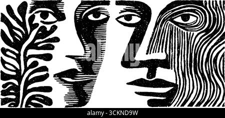 Illustrazione astratta incisa di volti umani stratificati con motivi artistici. Illustrazione Vettoriale