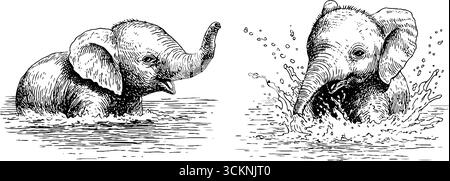 Affascinanti illustrazioni incise di piccoli elefanti che si divertono con il gioco d'acqua. Illustrazione Vettoriale
