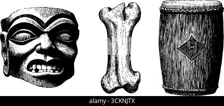 Simboli sciamanici e manufatti incisi per il design e l'arredamento spirituali. Illustrazione Vettoriale