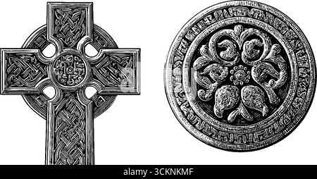 Croce celtica e triskele che incidono arte per design e decorazione storici. Illustrazione Vettoriale