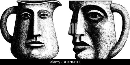 Illustrazioni artistiche incise di caraffa per il viso umano per il design creativo. Illustrazione Vettoriale