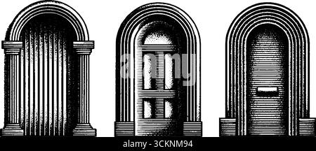 Illustrazioni delle porte art deco incise: Collezione di design architettonico vintage. Illustrazione Vettoriale