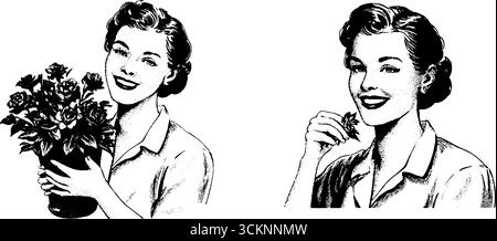 Appassionata di fiori vintage: Donna sorridente con fiori incisi per progetti di design creativo. Illustrazione Vettoriale