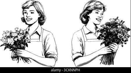 Illustrazione incisa di una fiorista sorridente con bouquet di fiori. Illustrazione Vettoriale