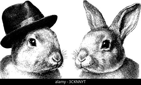 Set illustrativo di coniglio inciso con adorabili coniglietti con minuscola fedora per decorazioni o stampe a tema vintage. Illustrazione Vettoriale
