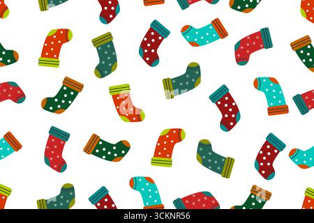 Calze natalizie con motivo senza cuciture. Sfondo delle vacanze invernali. Ripeti il motivo con i calzini.biglietto di Natale, carta da imballaggio, confezione o tessuto.Vector Illustrazione Vettoriale