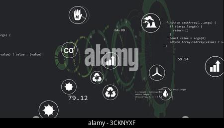 Visualizzazione della dashboard dati anelli verdi girevoli sul monitor, con icone e codice CO2 e riciclo Foto Stock