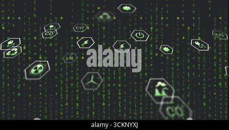 Icone esagonali fluttuanti che mostrano CO2, riciclaggio, energia eolica e solare in uno sfondo di dati binari Foto Stock