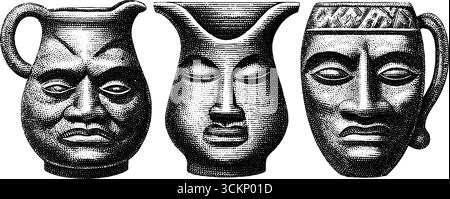 Intricate caraffe incise con volti umani per design e decorazione. Illustrazione Vettoriale