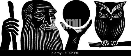 Stile neo-folk con illustrazioni sagge di vecchi e gufi per un design creativo. Illustrazione Vettoriale