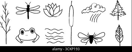 Schizzi stravaganti della natura: dragonfly, rana ed elementi botanici per un design creativo. Illustrazione Vettoriale