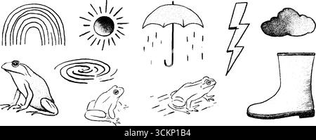 Schizzi stravaganti di arcobaleno, elementi della natura e rane per un design creativo. Illustrazione Vettoriale