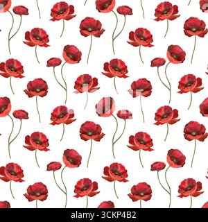Motivo di papavero rosso acquerello senza cuciture. Fiori di papavero su sfondo bianco. Perfetto per disegni estivi, illustrazioni floreali e progetti vivaci. Hand-pai Foto Stock