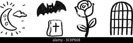 Originale set di illustrazioni con pipistrello, luna, rosa e gabbia. Illustrazione Vettoriale