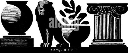 Interpretazione neo-folk della scultura classica e degli elementi architettonici in stile xilografico. Illustrazione Vettoriale