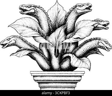 Complessa statua di teste di idra che emergono dalla base in un disegno dettagliato. Illustrazione Vettoriale