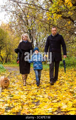 mosca, russia, 14.10.2017 Una donna, un uomo e un bambino che camminano in un parco autunnale con un cane su un sentiero coperto di foglie gialle vibranti. Passeggia in famiglia Foto Stock