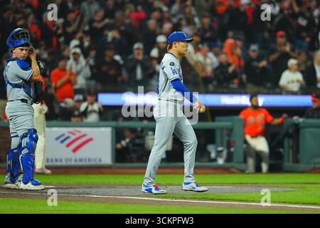 California, Stati Uniti. 12 settembre 2025. Yoshinobu Yamamoto, (Dodgers), 12 settembre 2025 - Baseball: MLB regular season game between. San Francisco Giantsand Los Angeles Dodgers all'Oracle Park in California, Stati Uniti. Crediti: Creative 2/AFLO/Alamy Live News Foto Stock