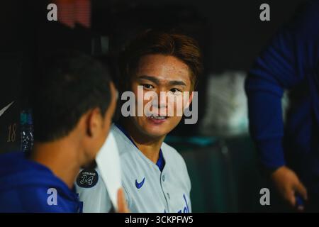 California, Stati Uniti. 12 settembre 2025. Yoshinobu Yamamoto, (Dodgers), 12 settembre 2025 - Baseball: MLB regular season game between. San Francisco Giantsand Los Angeles Dodgers all'Oracle Park in California, Stati Uniti. Crediti: Creative 2/AFLO/Alamy Live News Foto Stock