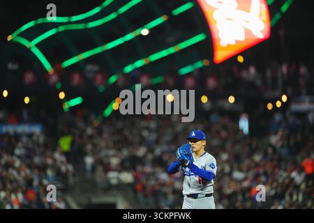 California, Stati Uniti. 12 settembre 2025. Yoshinobu Yamamoto, (Dodgers), 12 settembre 2025 - Baseball: MLB regular season game between. San Francisco Giantsand Los Angeles Dodgers all'Oracle Park in California, Stati Uniti. Crediti: Creative 2/AFLO/Alamy Live News Foto Stock