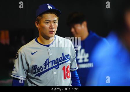 California, Stati Uniti. 12 settembre 2025. Yoshinobu Yamamoto, (Dodgers), 12 settembre 2025 - Baseball: MLB regular season game between. San Francisco Giantsand Los Angeles Dodgers all'Oracle Park in California, Stati Uniti. Crediti: Creative 2/AFLO/Alamy Live News Foto Stock