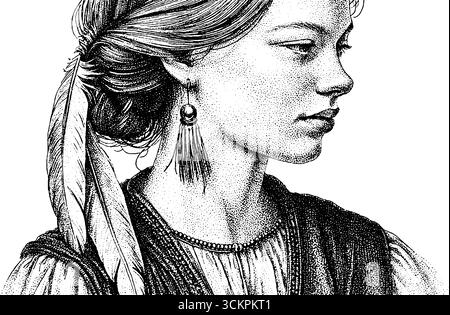 Donna in stile bohémien con blusa contadina e gilet con frange con accessorio in piuma in un ritratto dettagliato. Illustrazione Vettoriale
