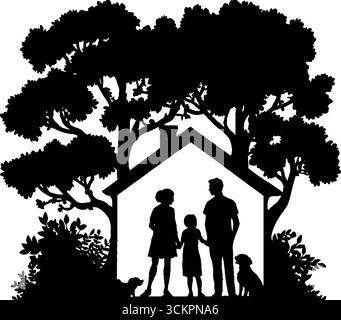 Famiglia di quattro persone e animali domestici in un'accogliente silhouette casalinga sotto la tettoia degli alberi. Illustrazione Vettoriale