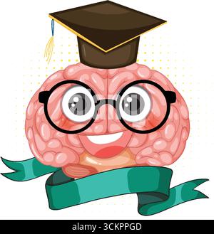 Personaggio cartoni animati con occhiali, cappello graduato e nastro in stile vettoriale luminoso e allegro Illustrazione Vettoriale