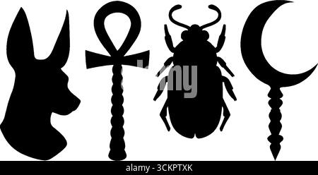 Simboli egizi antichi: Sagoma anubis, bastone ankh e scarabeo per usi di design. Illustrazione Vettoriale