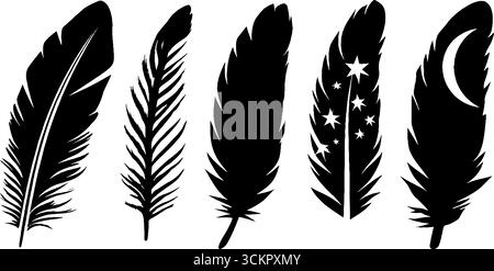 Set di disegni in piuma d'oca con vortice d'inchiostro e elementi a mezzaluna per una decorazione creativa. Illustrazione Vettoriale