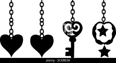 Romantico lucchetto a cuore, catena e silhouette chiave per il giorno di san valentino. Illustrazione Vettoriale