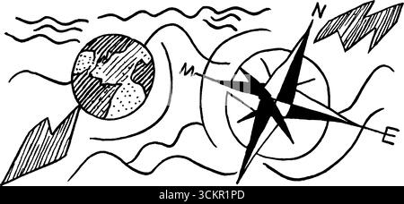 Concetto di navigazione d'epoca con mappa del vecchio mondo e grafica della bussola nautica. Illustrazione Vettoriale