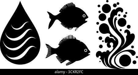 Collezione Aquatic Elements: Gocce d'acqua, archi ondulati e sagome di pesci per il design. Illustrazione Vettoriale
