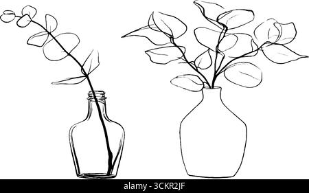 Arte minimalista di rami di eucalipto in vasi di vetro per disegni decorativi. Illustrazione Vettoriale