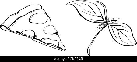 Set illustrativo line art con fette di pizza e foglie di basilico per la progettazione alimentare. Illustrazione Vettoriale