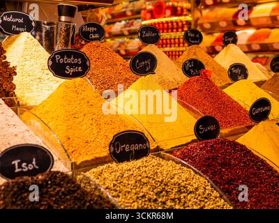 Tradizionale banchina del mercato con vivaci tumuli di spezie, disposti in pile ordinate con etichette scritte a mano, Istanbul, Turchia Foto Stock