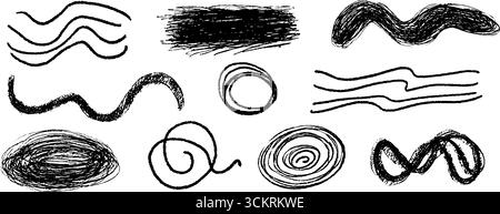 Raccolta di dodici anelli aggrovigliati e scarabocchi disegnati a mano per un design astratto. Illustrazione Vettoriale