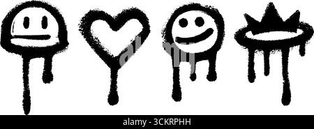 Emoji e forme in stile graffiti con volti e design a cuore. Illustrazione Vettoriale