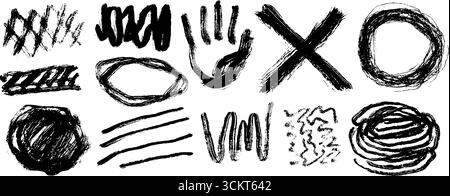 Collezione diversificata di dodici bozze artistiche disegnate a mano per un design creativo. Illustrazione Vettoriale