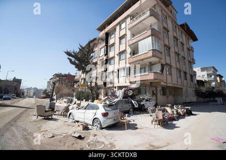 Vista aerea del terremoto della Turchia. Vista aerea degli edifici crollati di Hatay Foto Stock