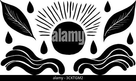 Sole e pioggia astratte con elementi naturali per un design creativo. Illustrazione Vettoriale