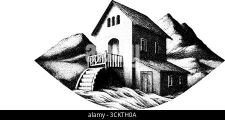 Disegno del tatuaggio Dotwork del mulino ad acqua vicino al fiume con le montagne. Illustrazione Vettoriale