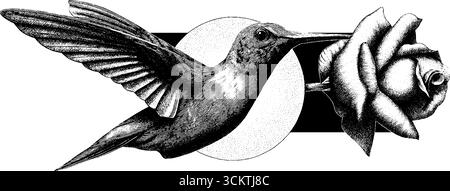Intricato disegno tatuaggio di colibrì e rugiada mattutina con rosa. Illustrazione Vettoriale