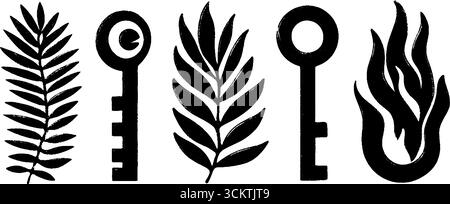 Elementi mistici: Chiavi esoteriche, fiamme scure e antichi simboli per il design spirituale. Illustrazione Vettoriale