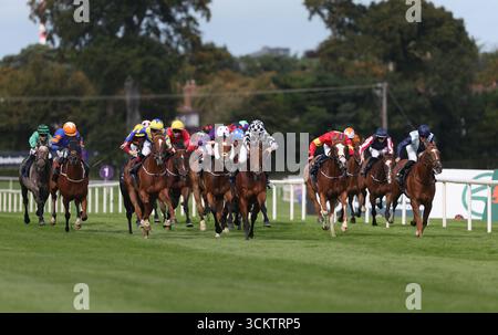 Corridori e piloti durante l'evento Irish Stallion Farms EBF Sovereign Path handicap all'ippodromo di Leopardstown, Dublino, Irlanda. Data foto: Sabato 13 settembre 2025. Foto Stock