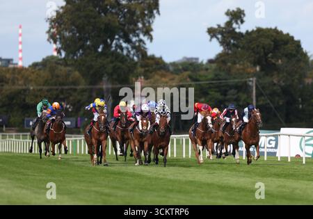 Corridori e piloti durante l'evento Irish Stallion Farms EBF Sovereign Path handicap all'ippodromo di Leopardstown, Dublino, Irlanda. Data foto: Sabato 13 settembre 2025. Foto Stock