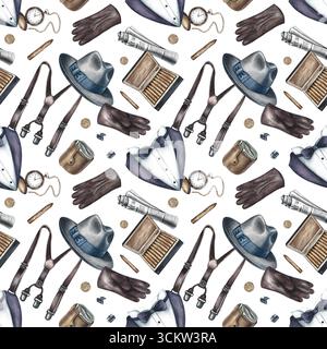 Motivo da uomo senza cuciture con accessori da uomo. Illustrazione ad acquerello disegnata a mano. Perfetto per tessuti, carta da imballaggio, imballaggi, decorazioni per le feste Foto Stock