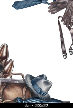 Cartolina per un uomo. Incorniciatura con borsa, cappello, ombrello, stivali e altri accessori vintage da uomo. Illustrazione ad acquerello disegnata a mano. Perfetto per Foto Stock
